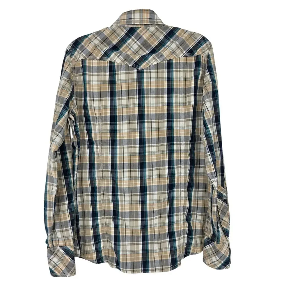 True Religion Tan & Blue Plaid Western Cotton Long Sleeve Pearl Snap Shirt Sz S